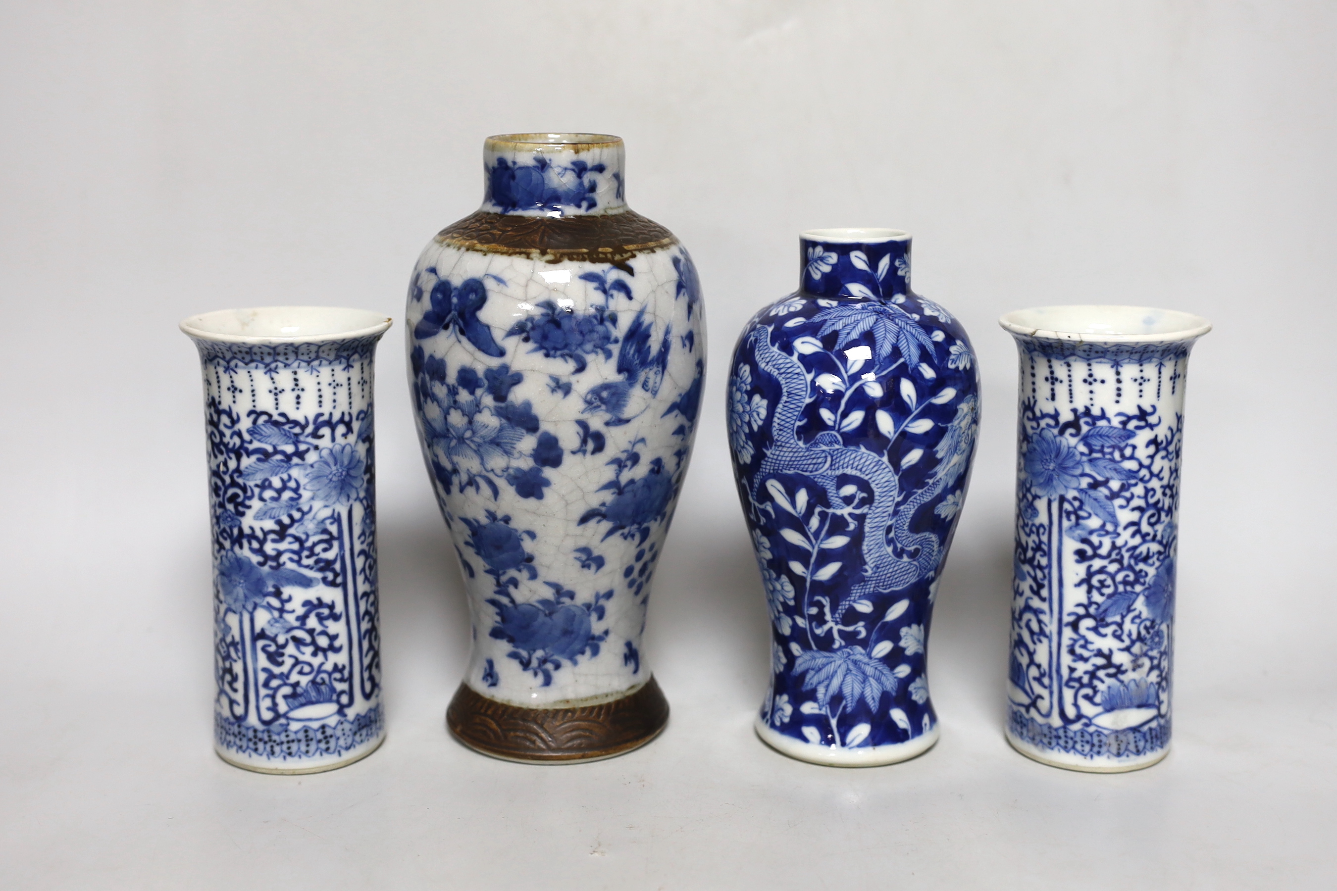 A pair of Chinese blue and white sleeve vases, a crackle ware vase, a dragon vase and a bowl, crackleware vase, 22cm high